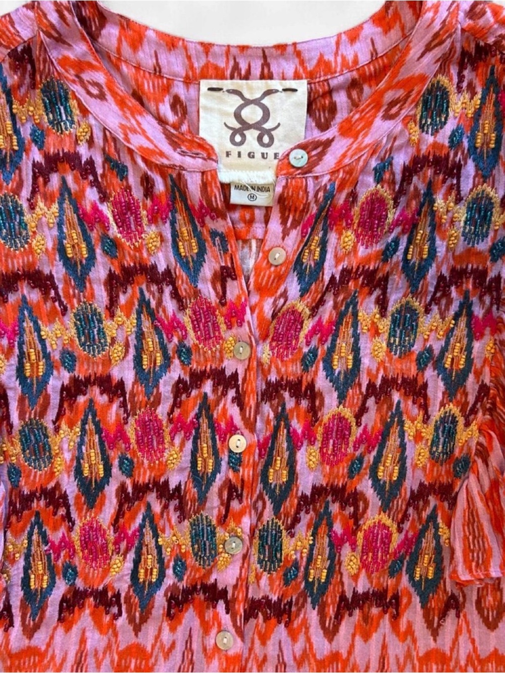Figue Flutter-Sleeve Ikat Button-Front Top - Pink/Orange - Picture 3 of 5